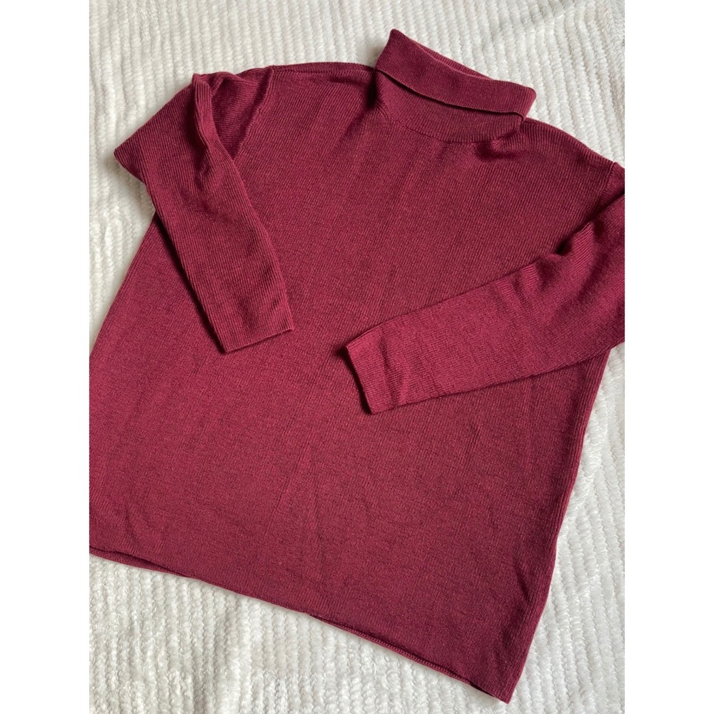 Eileen Fisher Burgundy Extra Fine Merino Wool Ribbed Turtleneck Sweater Womens S